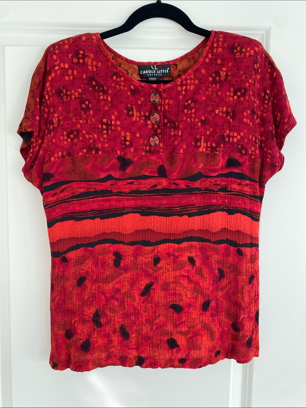 Carole Little Red Patterned Short-Sleeve Button-Front Top
